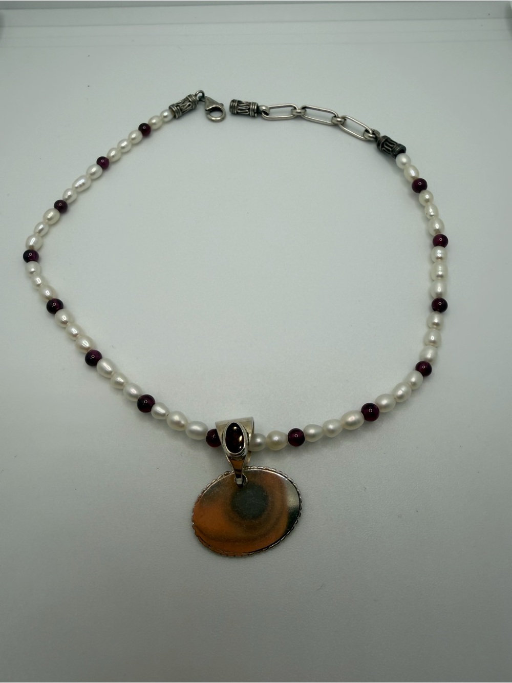 Dalia Pearl Necklace with Burgundy Beads and Orange Shell Pendant 12.5 in